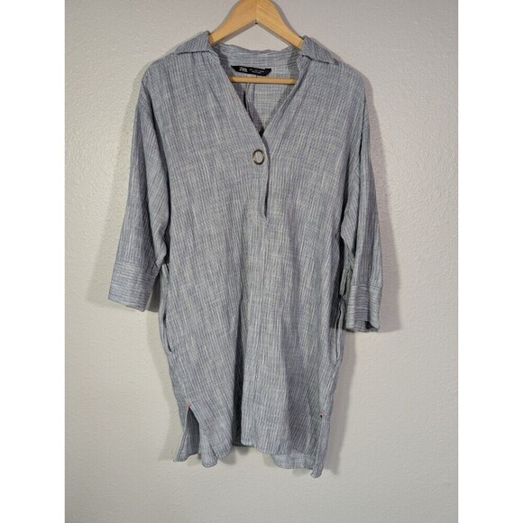 Zara Striped Shirt Dress V Neck 3/4 Sleeve Large - Picture 1 of 9